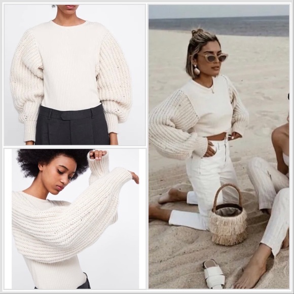 Zara Beige Knit Long Ballon Sleeves Contrasting Sweater - Picture 1 of 6